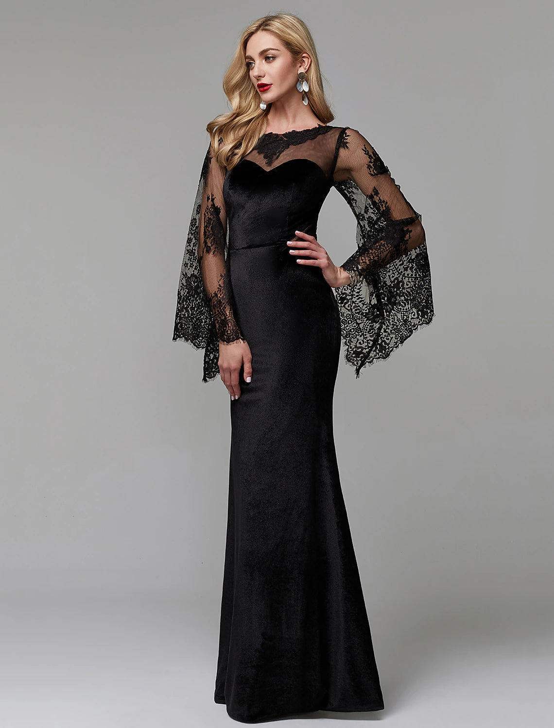 Luolandi Sheath / Column Elegant Dress Wedding Guest Floor Length Long Sleeve Illusion Neck Lace