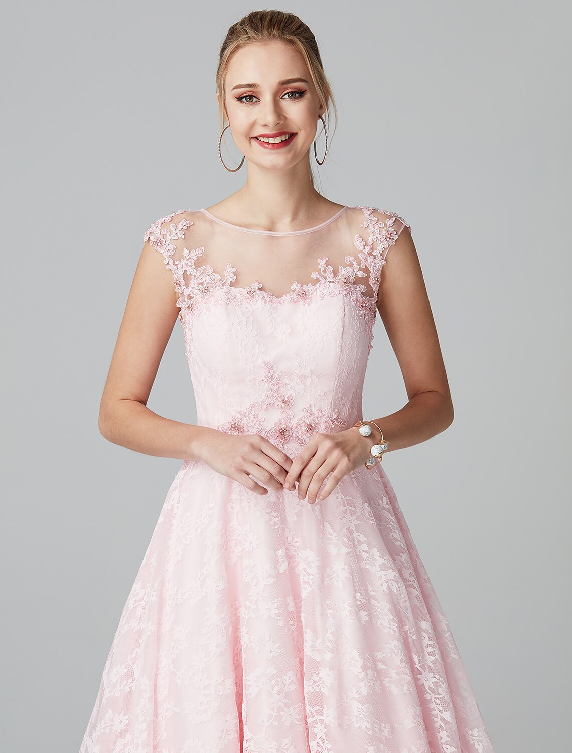 Luolandi A-Line Prom Dresses Floral Dress Evening Party Wedding Guest Ankle Length Short Sleeve Illusion Neck Lace Zipper