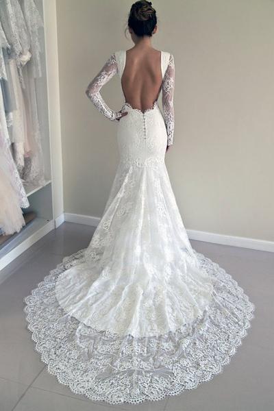 Luolandi Romantic Lace Scoop Neckline Mermaid Wedding Dresses With Pleats Floor Length Elegant