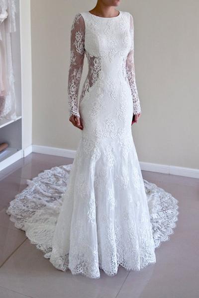 Luolandi Romantic Lace Scoop Neckline Mermaid Wedding Dresses With Pleats Floor Length Elegant