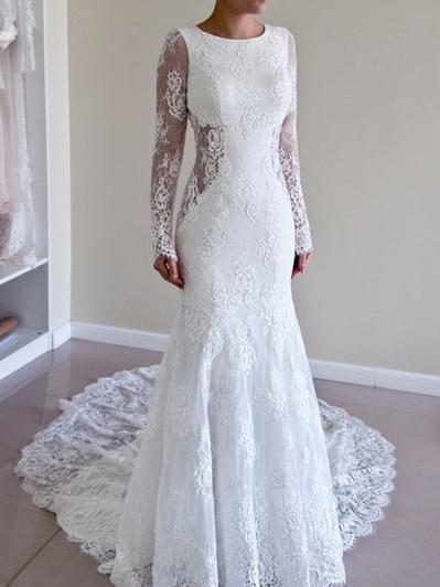 Luolandi Romantic Lace Scoop Neckline Mermaid Wedding Dresses With Pleats Floor Length Elegant