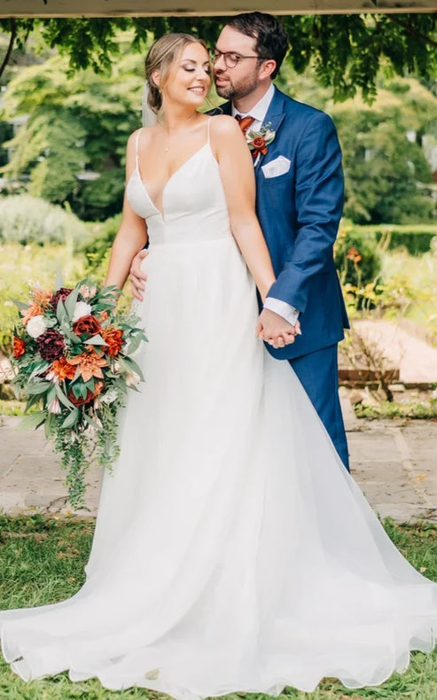 Luolandi Romantic Spaghetti V-neck A-Line Satin Wedding Dress With Open Back Sexy