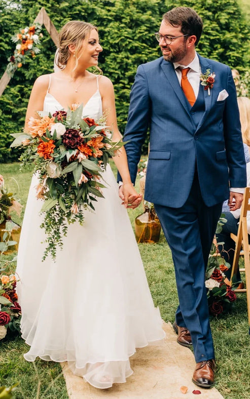 Luolandi Romantic Spaghetti V-neck A-Line Satin Wedding Dress With Open Back Sexy