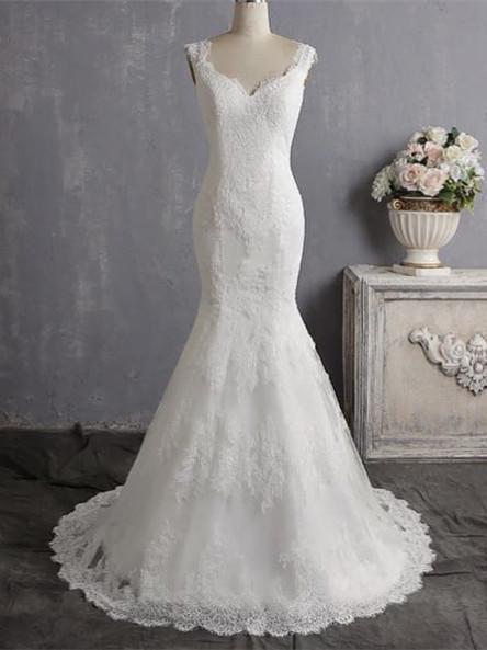 Luolandi Romantic Tulle V-neck Neckline Cap Sleeves Mermaid Wedding Dresses Elegant Bridal Gown