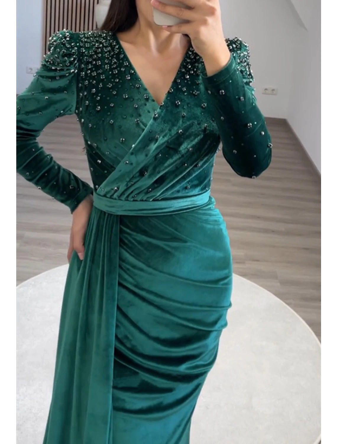 Luolandi Mermaid / Trumpet Evening Gown Elegant Dress Formal Black Tie Gala Floor Length Long Sleeve V Neck Fall Wedding Guest Velvet with Ruched