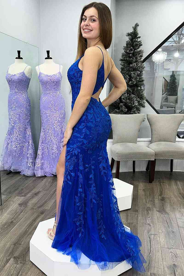 Luolandi Royal Blue Mermaid Deep V Neck Tulle Applique Long Prom Dress Evening Dress With Slit