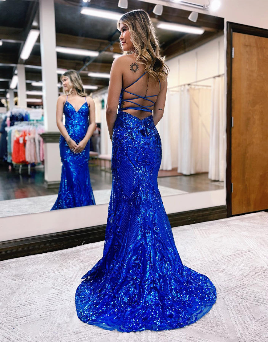 Luolandi Lace Mermaid Long Prom Dress V-neck Evening Dresses Sexy Royal Blue
