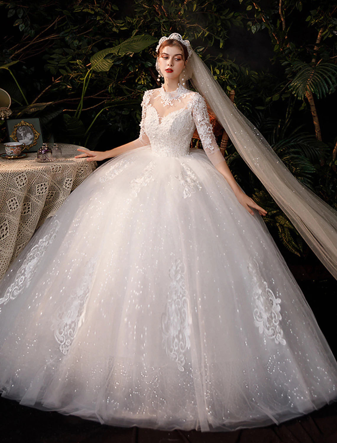 Luolandi Reception Wedding Dresses Ball Gown High Neck Half Sleeve Floor Length Lace Bridal Gowns