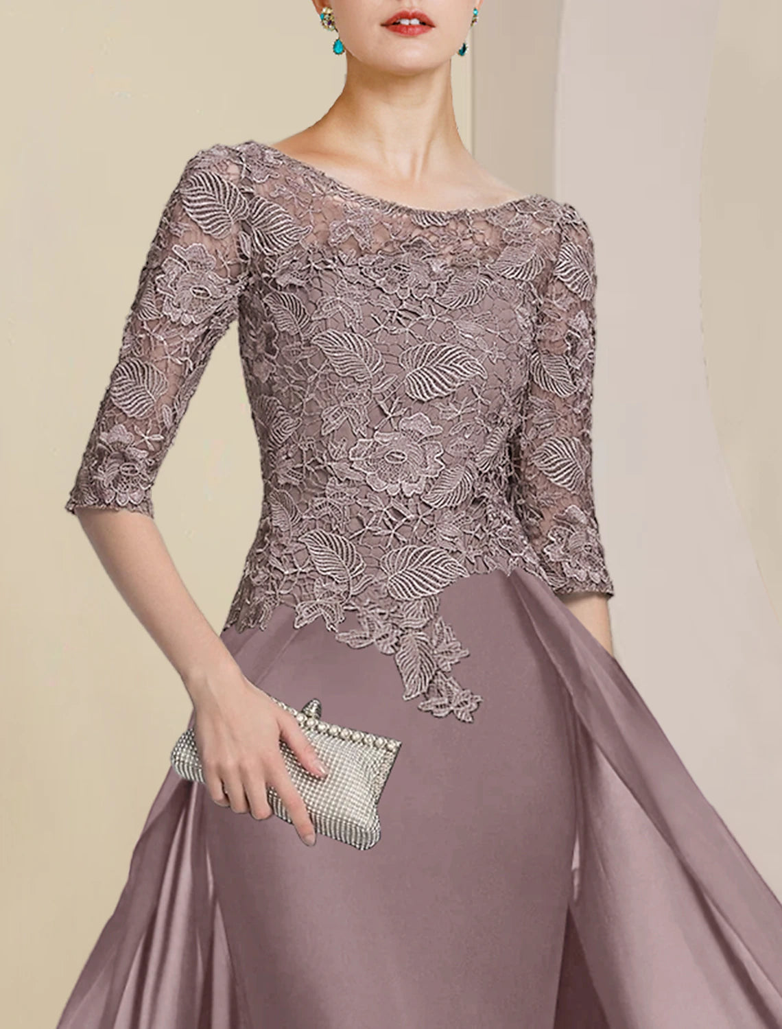 Luolandi Sheath / Column Mother of the Bride Dress Formal Wedding Guest Elegant Scoop Neck Floor Length Chiffon Lace Half Sleeve