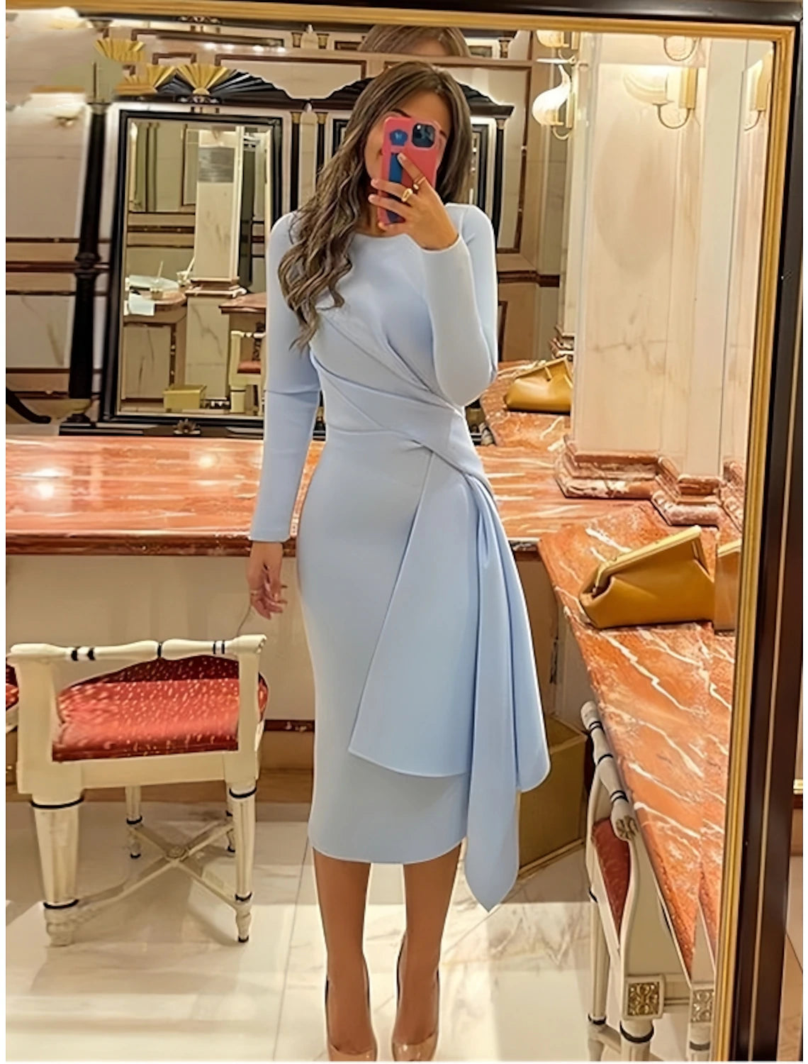 Luolandi Sheath Formal Dress Cocktail Dresses Elegant Christmas Red Green Dress Formal Fall Knee Length Long Sleeve Jewel Neck Fabric with Pleats