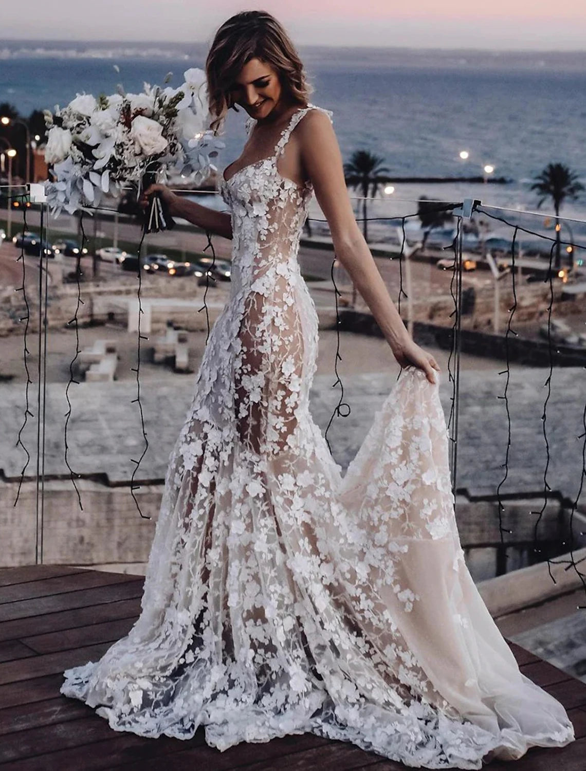 Luolandi Beach Sexy Boho Wedding Dresses Mermaid / Trumpet Sweetheart Regular Straps Court Train Lace Bridal Gowns