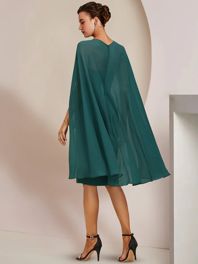 Luolandi Sheath / Column Mother of the Bride Dress Wedding Guest Vintage Elegant V Neck Knee Length Chiffon Sleeveless with Pleats Crystals