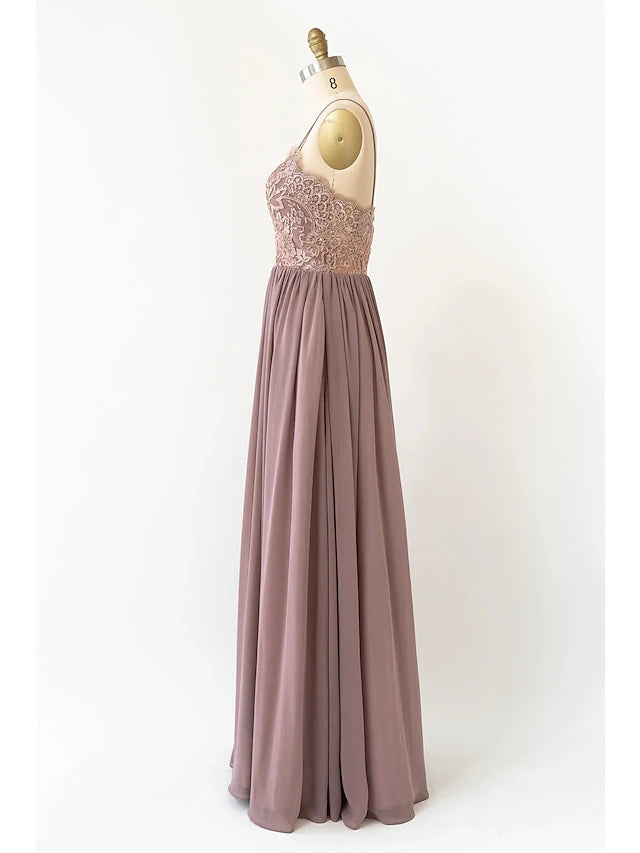 Luolandi A-Line Bridesmaid Dress V Neck Sleeveless Open Back Floor Length Chiffon with Pleats Beautiful