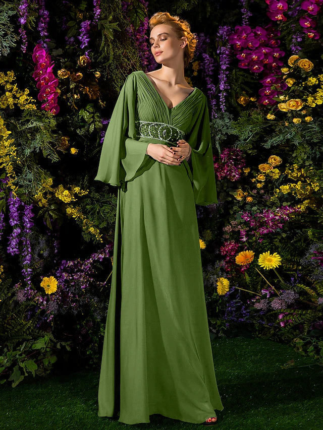 Luolandi A-Line Mother of the Bride Dress Vintage Inspired V Neck Floor Length Chiffon Long Sleeve with Crystals Beading