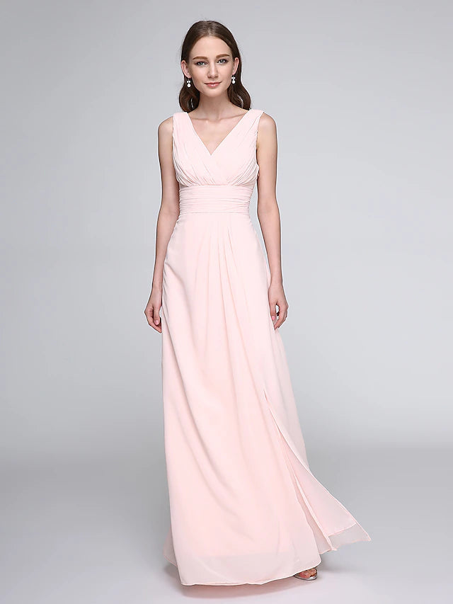 Luolandi Sheath / Column Bridesmaid Dress V Neck Sleeveless Elegant Floor Length Chiffon with Criss Cross