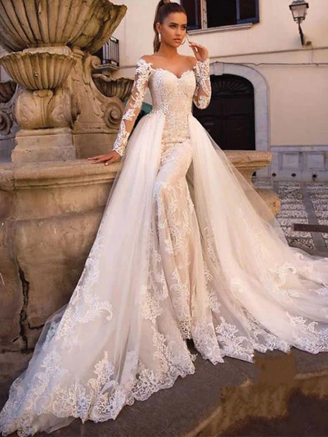 Luolandi Engagement Formal Fall Wedding Dresses Mermaid / Trumpet Illusion Neck Long Sleeve Court Train Lace Bridal