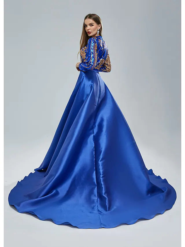 Luolandi Mermaid / Trumpet Evening Gown Elegant Dress Engagement Chapel Train Short Sleeve Jewel Neck Sequined