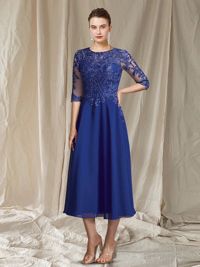 Luolandi A-Line Mother of the Bride Dress Elegant Jewel Neck Tea Length Chiffon Lace Half Sleeve with Appliques