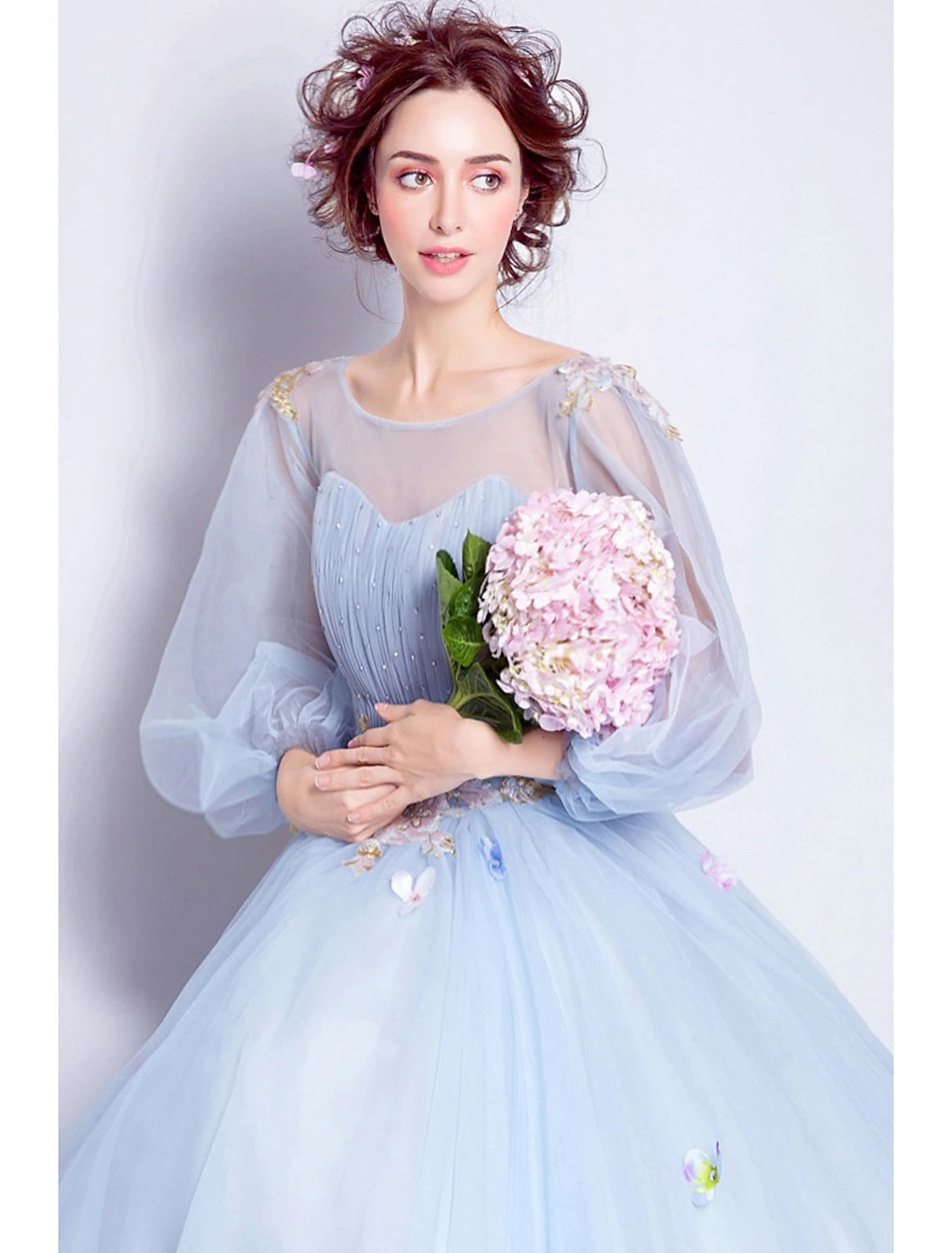 Luolandi Ball Gown Prom Dresses Elegant Dress Quinceanera Engagement Floor Length 3/4 Length Sleeve Illusion Neck Tulle