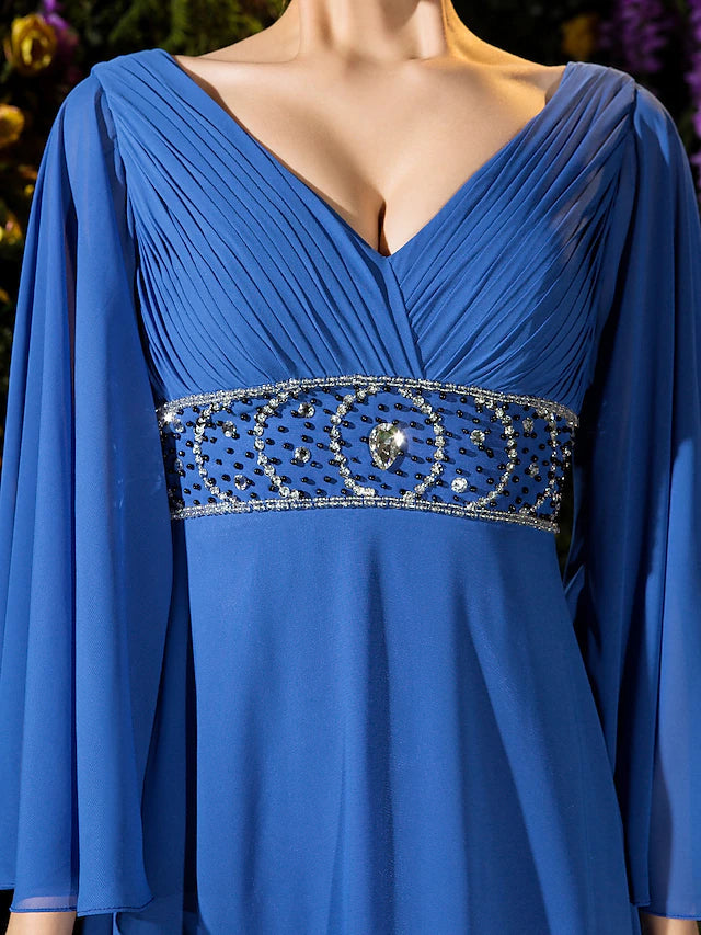 Luolandi A-Line Mother of the Bride Dress Vintage Inspired V Neck Floor Length Chiffon Long Sleeve with Crystals Beading
