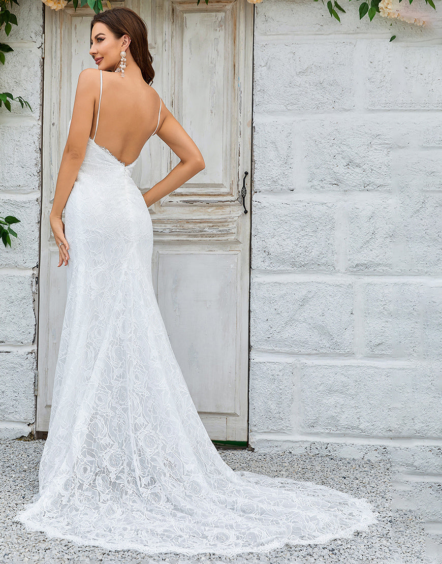 Luolandi Ivory Mermaid Lace Backless Wedding Dress Open Back Sexy