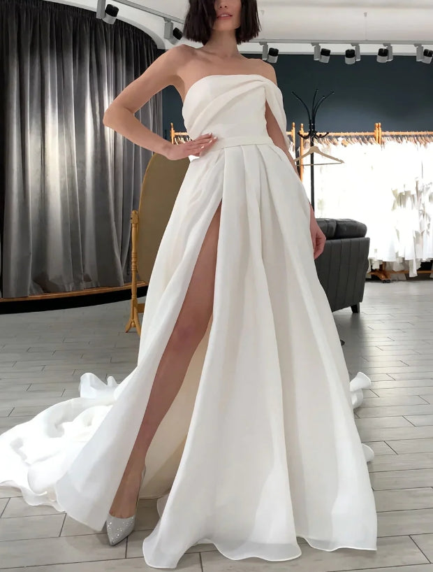 Luolandi Ivory One Shoulder A-line Organza Simple Wedding Dresses Long Prom Dress Elegant Evening Dress