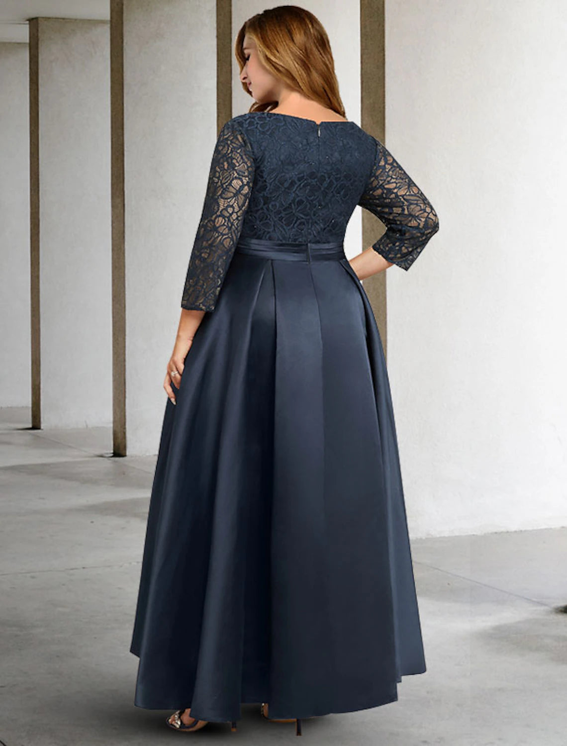 Luolandi A-Line Mother of the Bride Dresses Plus Size Hide Belly Curve Elegant Dress Formal Asymmetrical 3/4 Length Sleeve V Neck Satin with Pleats