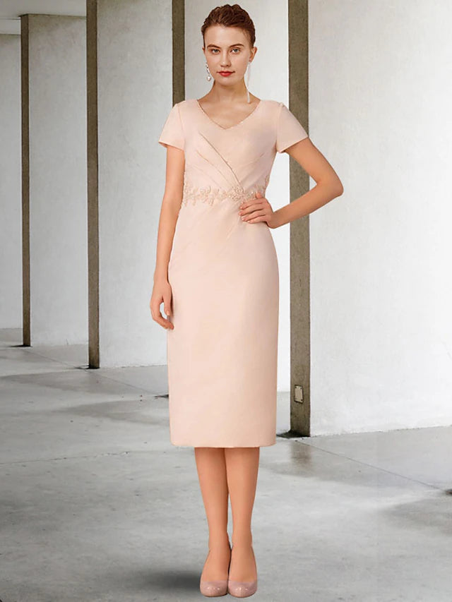 Luolandi Two Piece Sheath / Column Mother of the Bride Dress Church Elegant V Neck Knee Length Lace Chiffon Short Sleeve Jacket Dresses with Appliques