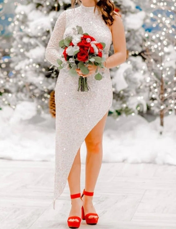 Luolandi High Neck Tight Sequins Long Dress One Shoulder Sparkly Party Dress Charming