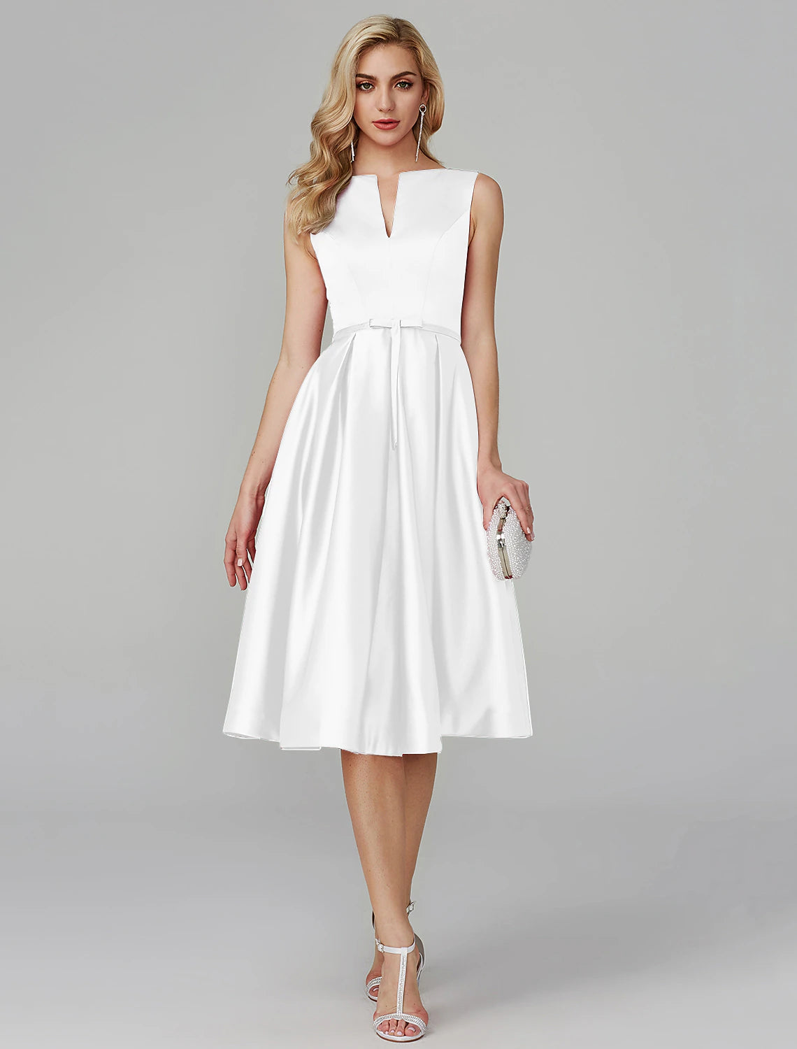 Luolandi A-Line Party Dress Wedding Guest Knee Length Sleeveless V Wire Barbiecore Satin with Sash