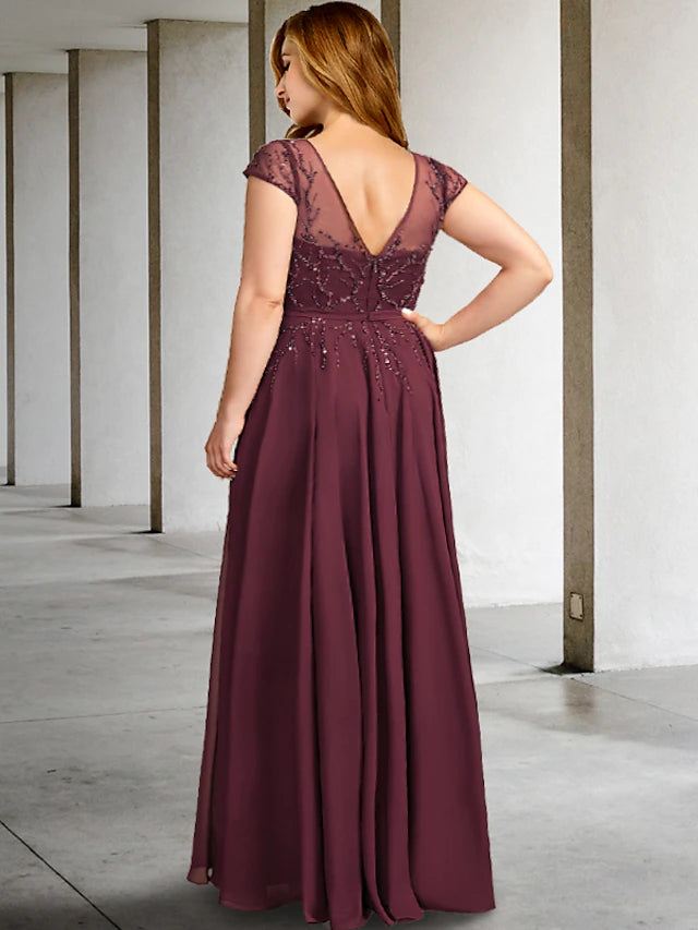 Luolandi A-Line Plus Size Curve Mother of the Bride Dresses Elegant Dress Formal Floor Length Short Sleeve V Neck Chiffon