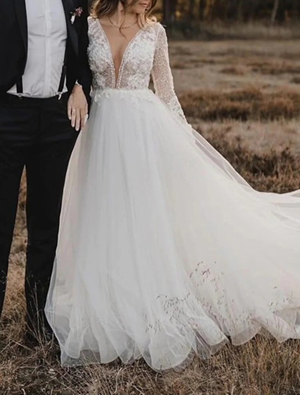 Luolandi Beach Boho Wedding Dresses A-Line V Neck Long Sleeve Court Train Lace Bridal Gowns With Appliques