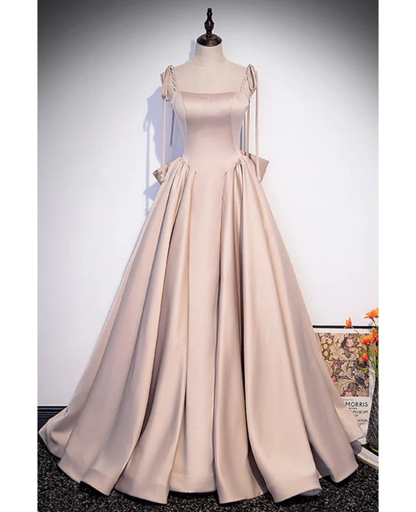 Luolandi Elegant Champagne Square Neck Fine Shoulder Strap Pleated Satin Ball Dress A-line Bow Lace Open Back Strap and Floor Length Evening Dress