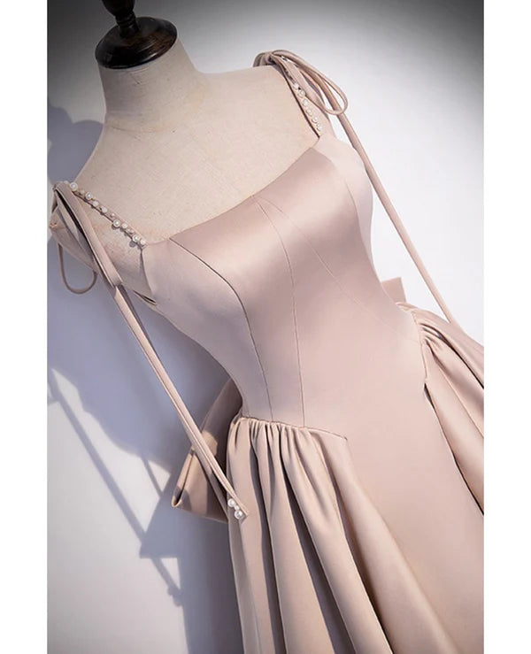 Luolandi Elegant Champagne Square Neck Fine Shoulder Strap Pleated Satin Ball Dress A-line Bow Lace Open Back Strap and Floor Length Evening Dress