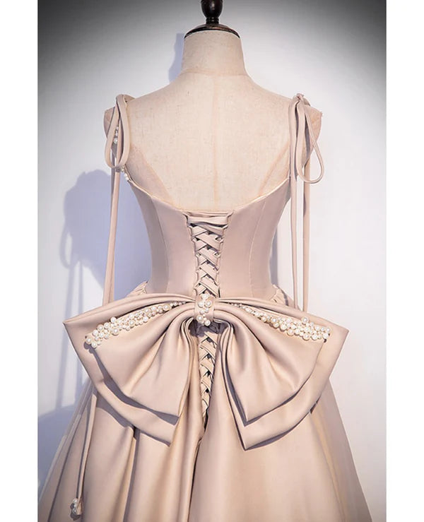 Luolandi Elegant Champagne Square Neck Fine Shoulder Strap Pleated Satin Ball Dress A-line Bow Lace Open Back Strap and Floor Length Evening Dress