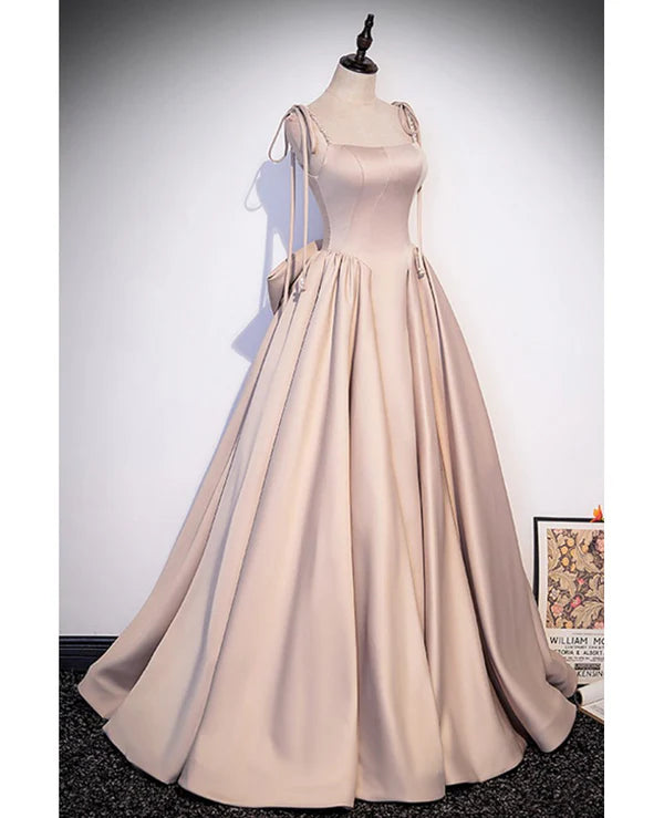 Luolandi Elegant Champagne Square Neck Fine Shoulder Strap Pleated Satin Ball Dress A-line Bow Lace Open Back Strap and Floor Length Evening Dress