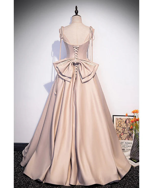 Luolandi Elegant Champagne Square Neck Fine Shoulder Strap Pleated Satin Ball Dress A-line Bow Lace Open Back Strap and Floor Length Evening Dress
