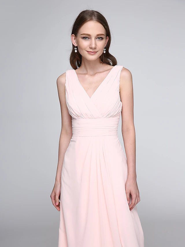 Luolandi Sheath / Column Bridesmaid Dress V Neck Sleeveless Elegant Floor Length Chiffon with Criss Cross