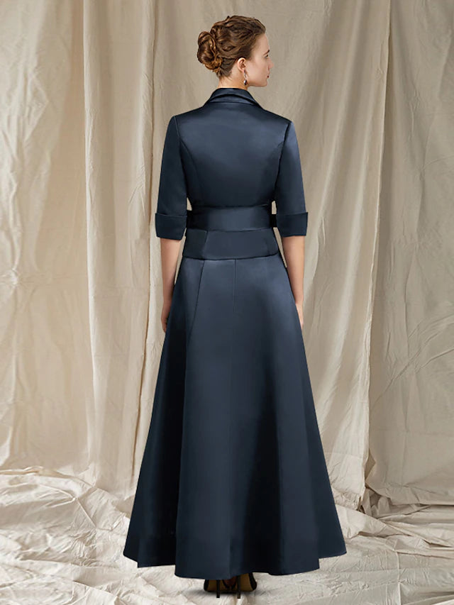 Luolandi A-Line Mother of the Bride Dress Elegant Shirt Collar V Neck Ankle Length Satin Half Sleeve