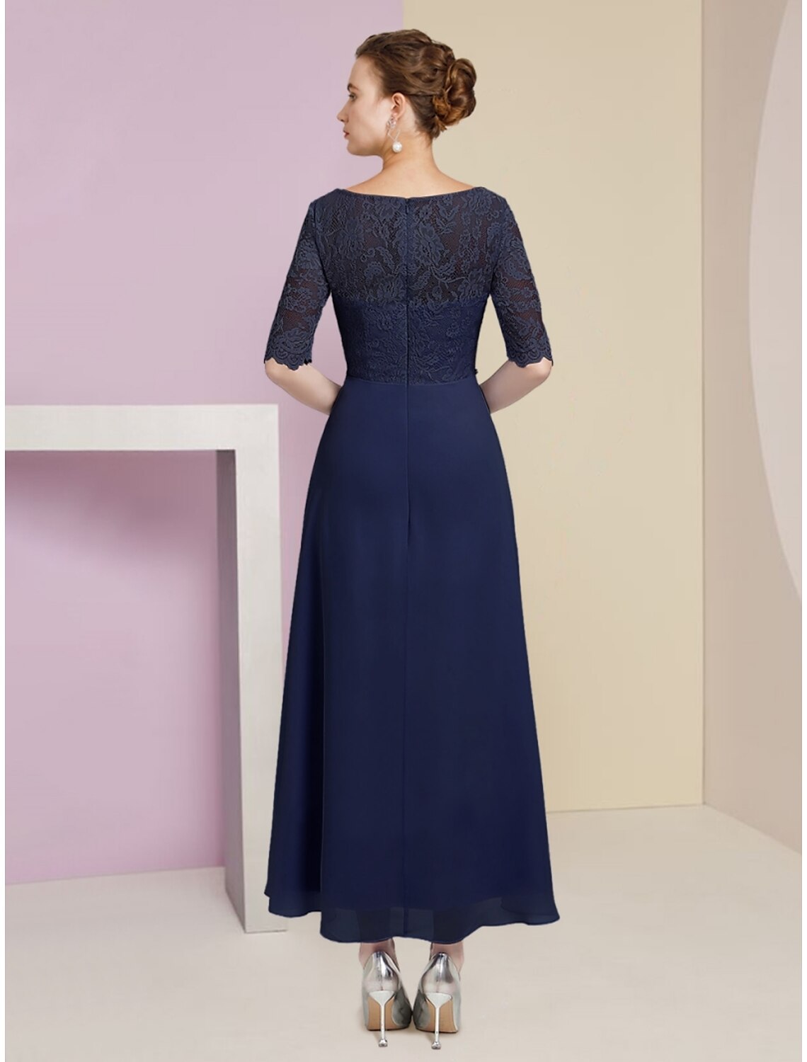 Luolandi A-Line Mother of the Bride Dress Wedding Guest Elegant Scoop Neck Ankle Length Chiffon Half Sleeve with Crystals