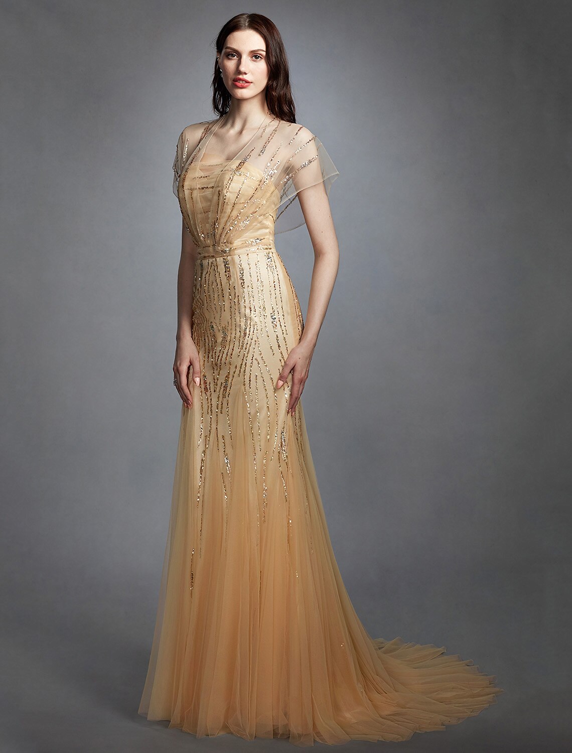 Luolandi Sheath / Column V Neck Sweep Train Tulle Made-To-Measure Wedding Dresses with Sequin