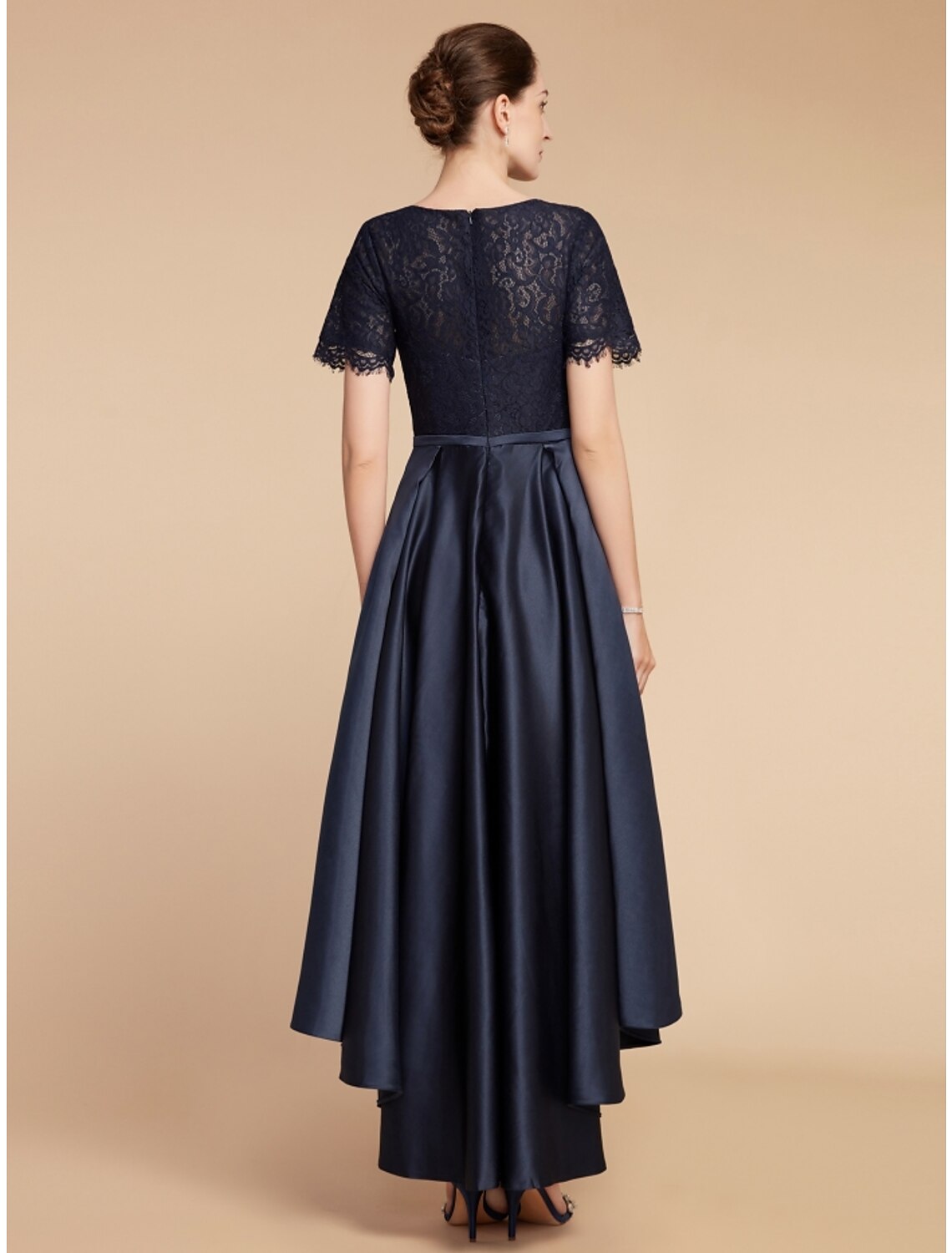 Luolandi A-Line Mother of the Bride Dress Wedding Guest Elegant Jewel Neck Asymmetrical Satin Lace Short Sleeve with Ruching