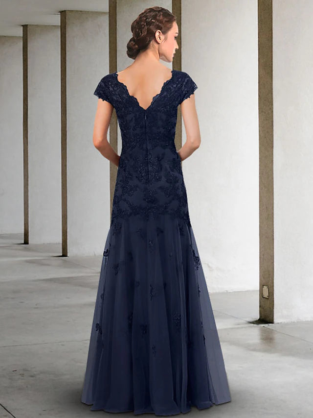 Luolandi A-Line Mother of the Bride Dress Elegant Scoop Neck Floor Length Lace Tulle Short Sleeve with Appliques