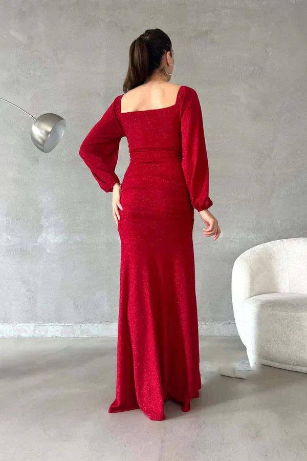 Luolandi Chic and modern sparkling sweetheart long sleeved side slit long evening dress Sexy