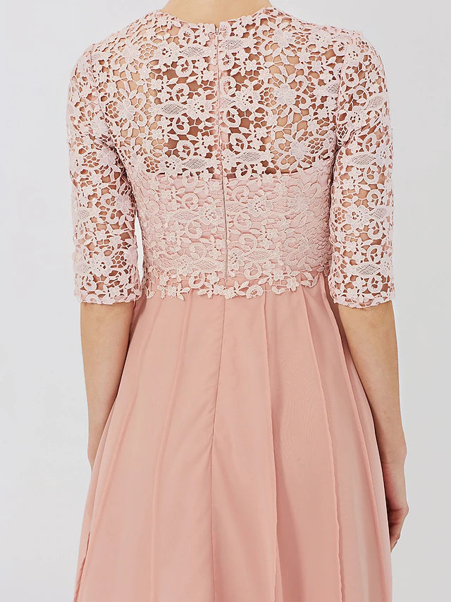 Luolandi Ball Gown Mother of the Bride Dress Formal Classic & Timeless Elegant & Luxurious Convertible Dress Illusion Neck Knee Length Chiffon Floral Lace 3/4 Length Sleeve