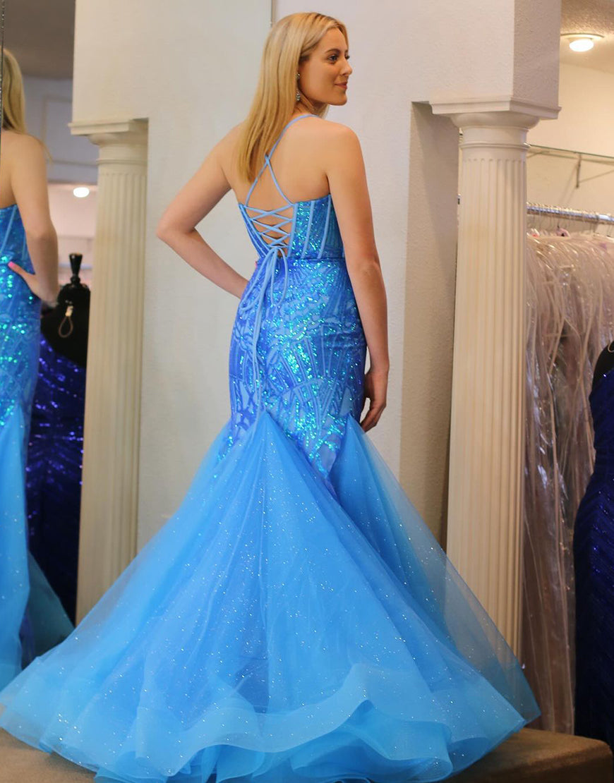 Luolandi Blue Mermaid Sequin Lace Sweetheart Long Prom Dress Charming Evening Party Dress