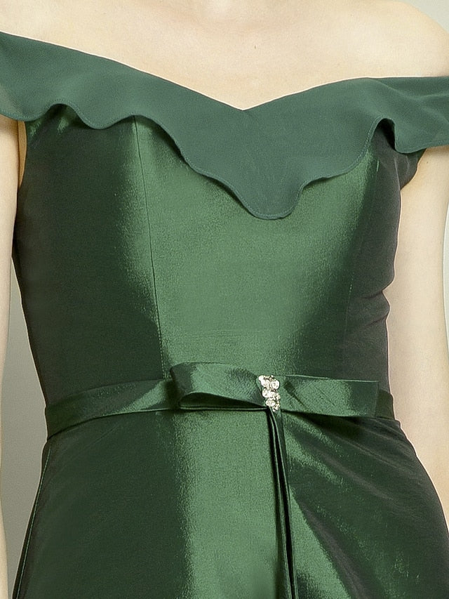 Luolandi A-Line Mother of the Bride Dress Elegant High Low Off Shoulder Asymmetrical Chiffon Taffeta Short Sleeve with Pick Up Skirt Bow(s)