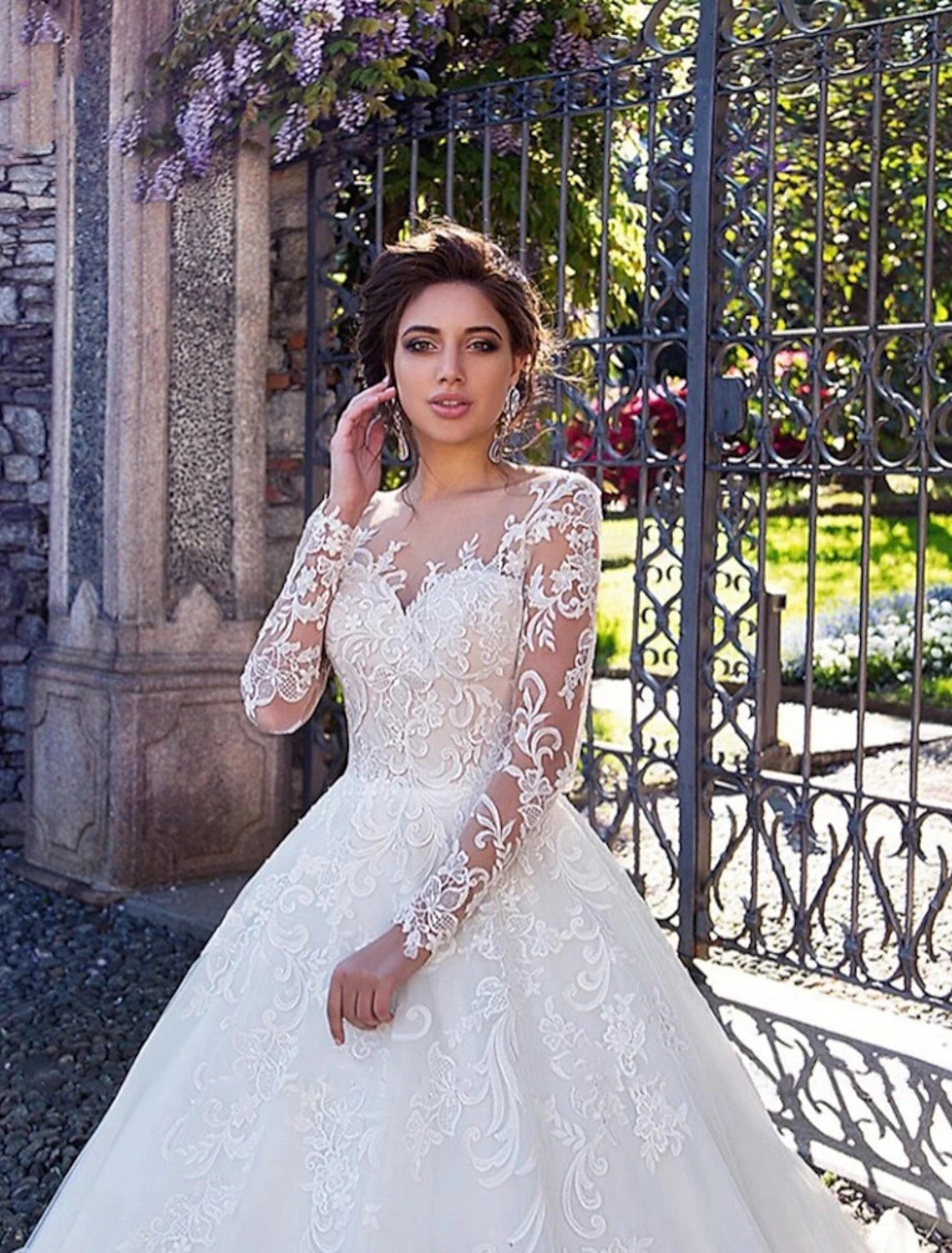 Luolandi Engagement Formal Fall Wedding Dresses Ball Gown Illusion Neck Long Sleeve Court Train Lace Bridal Gowns With Lace Appliques Wedding Party