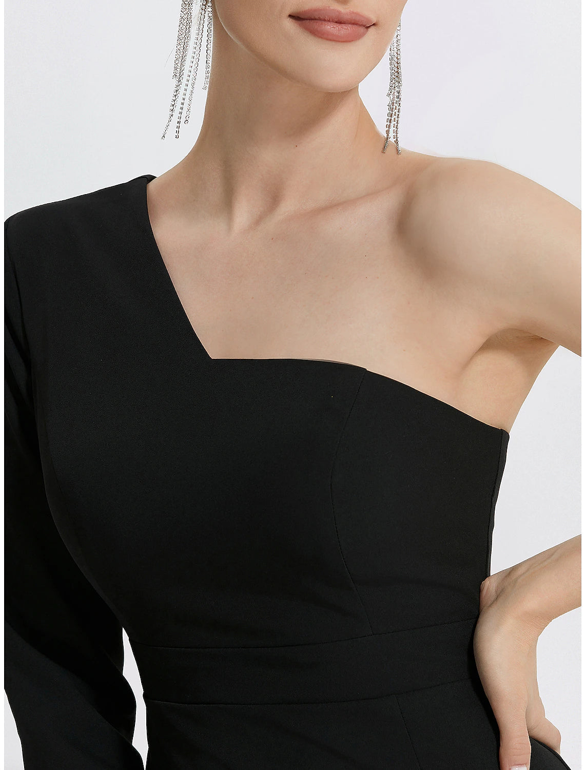 Luolandi Mermaid Evening Gown Elegant Black Dress Wedding Guest Prom Floor Length Long Sleeve One Shoulder Fabric