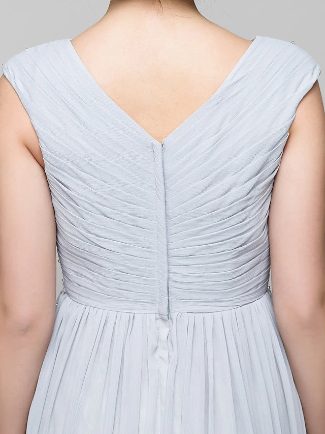 Luolandi A-Line Mother of the Bride Dress Elegant V Neck Floor Length Chiffon Sleeveless with Beading